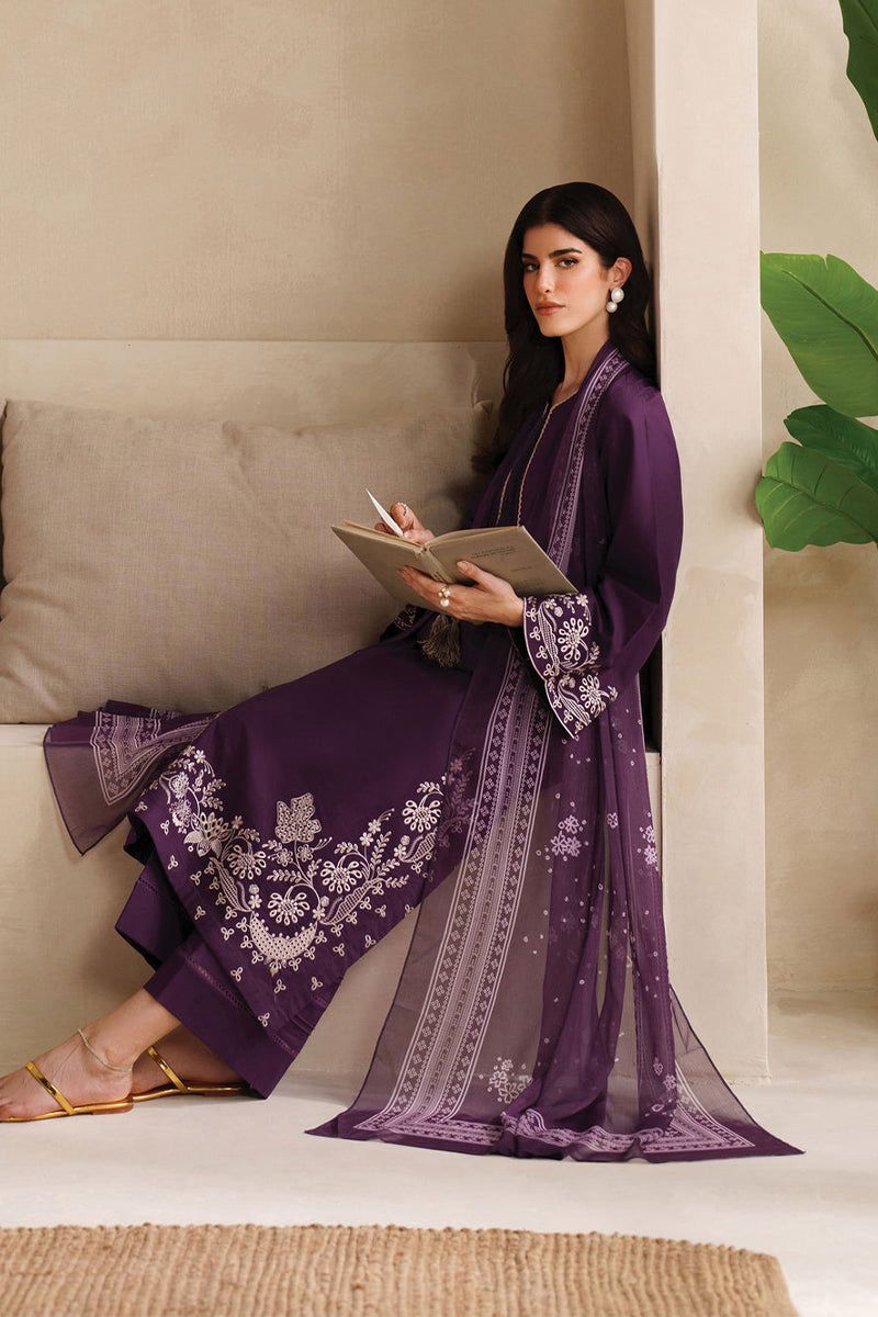 Garnet-  Embroidered & Printed Dupatta 3pc Lawn Dress