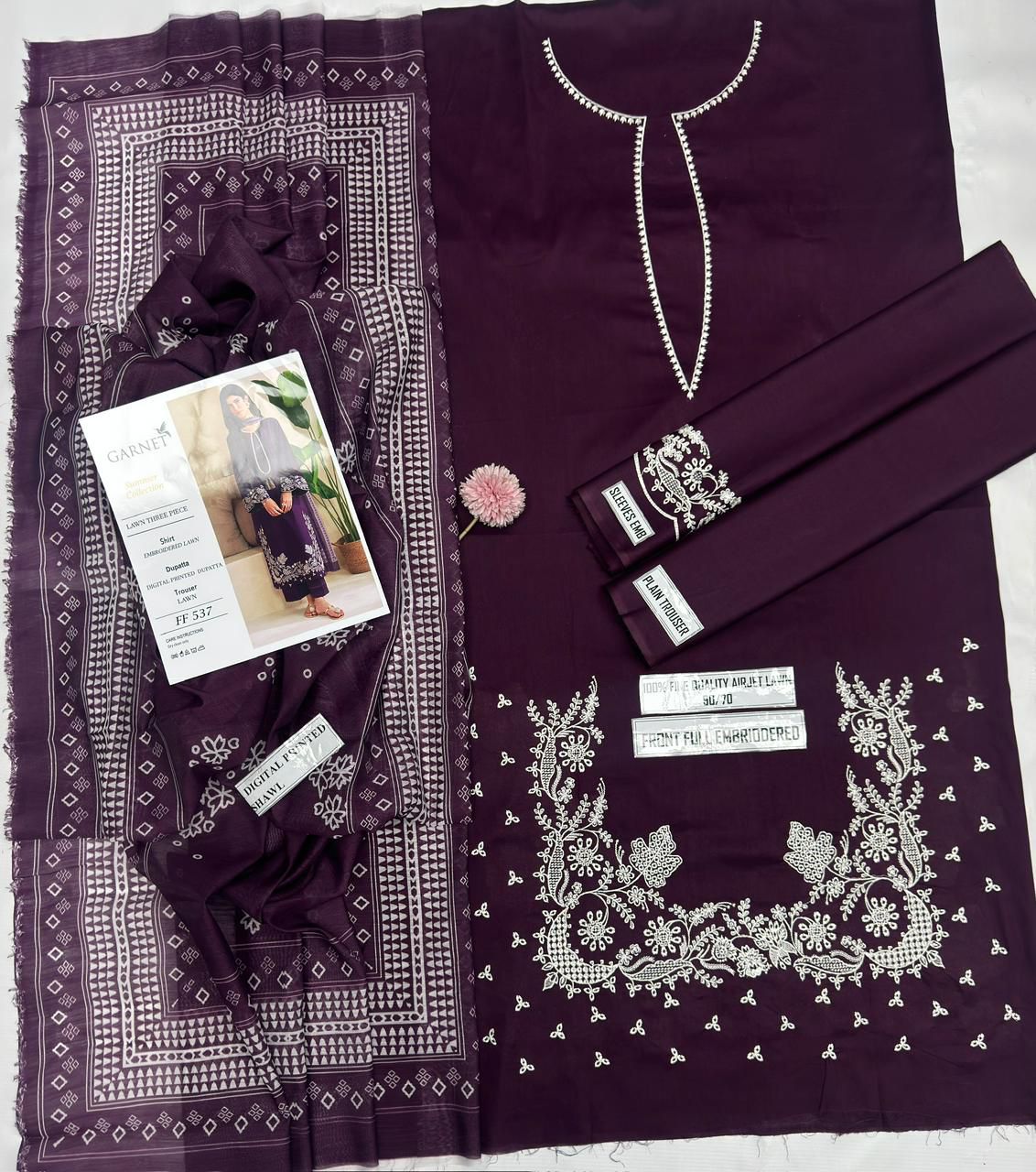 Garnet-  Embroidered & Printed Dupatta 3pc Lawn Dress