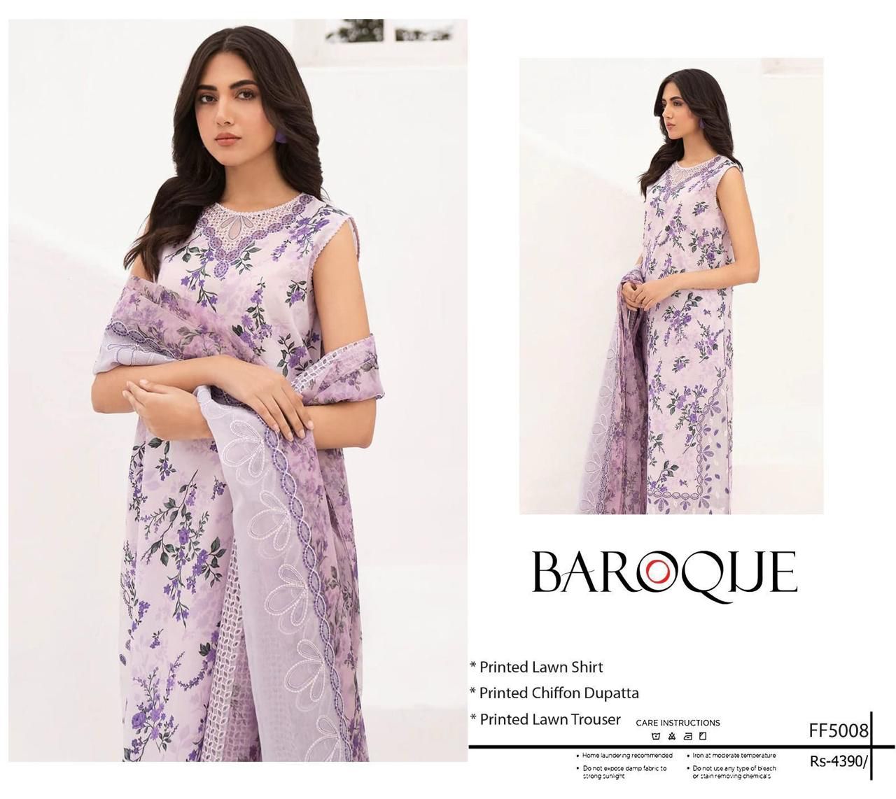 BAROQUE - Printed Shirt & Chiffon Dupatta 3Pc Lawn Dress