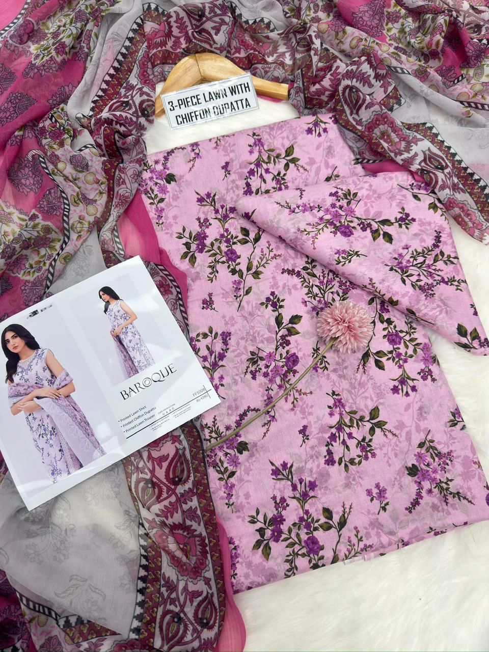 BAROQUE - Printed Shirt & Chiffon Dupatta 3Pc Lawn Dress