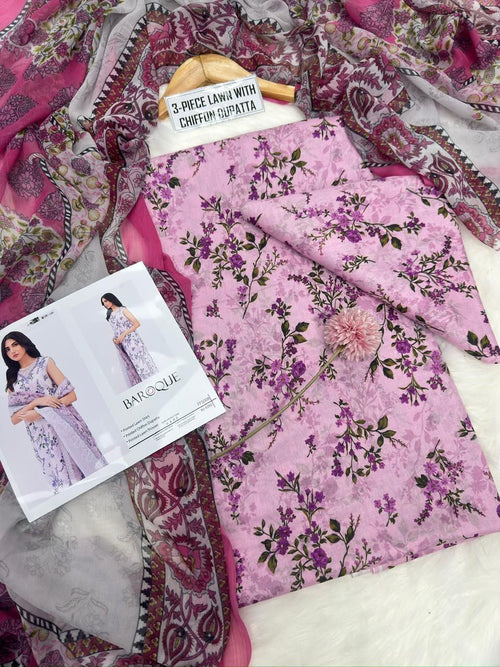 BAROQUE - Printed Shirt & Chiffon Dupatta 3Pc Lawn Dress