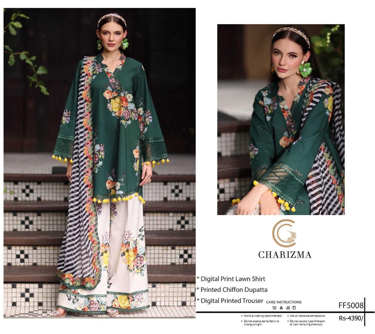 CHARIZAM - Printed Shirt & Chiffon Dupatta 3Pc Lawn Dress